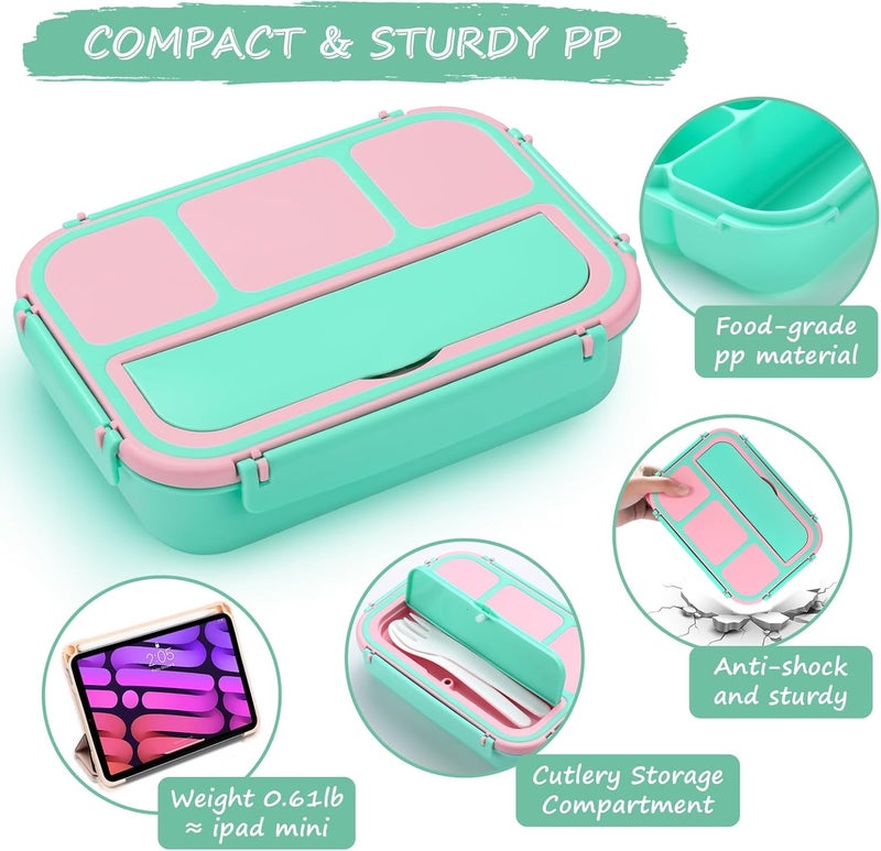 QQKO Bento Box for Kids Adults, School Toddler Lunch Box for Boys Girls, Lunch Box Containers with 4 Compartments, Sauce Container, Utensils, Food Picks and Muffin Cups for School, Pink Green - Image 4